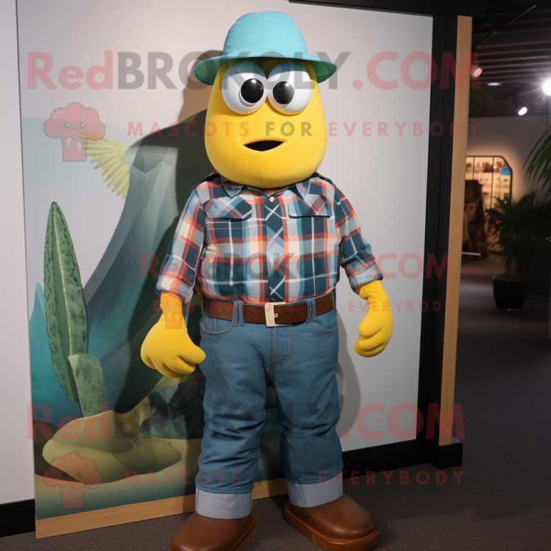 Teal Mango mascot costume character dressed with a Flannel Shirt and Suspenders