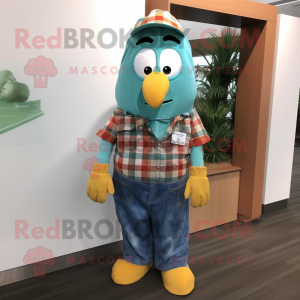 Teal Mango mascot costume character dressed with a Flannel Shirt and Suspenders