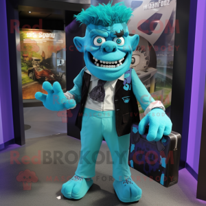 Turquoise Frankenstein mascot costume character dressed with a Suit Pants and Messenger bags