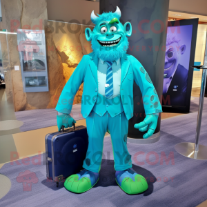 Turquoise Frankenstein mascot costume character dressed with a Suit Pants and Messenger bags