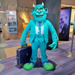 Turquoise Frankenstein mascot costume character dressed with a Suit Pants and Messenger bags