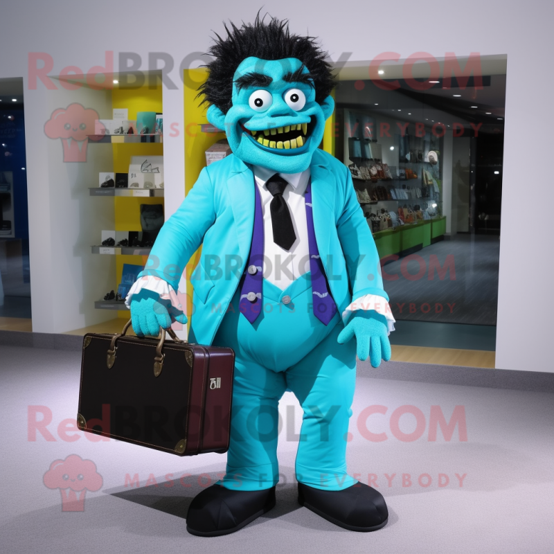 Turquoise Frankenstein mascot costume character dressed with a Suit Pants and Messenger bags