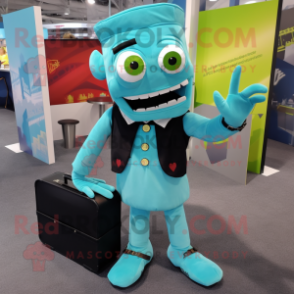 Turquoise Frankenstein mascot costume character dressed with a Suit Pants and Messenger bags