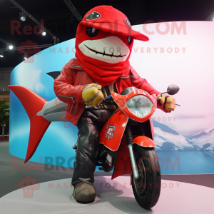 Red Swordfish mascot costume character dressed with a Biker Jacket and Shawls