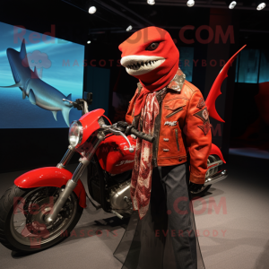 Red Swordfish mascot costume character dressed with a Biker Jacket and Shawls