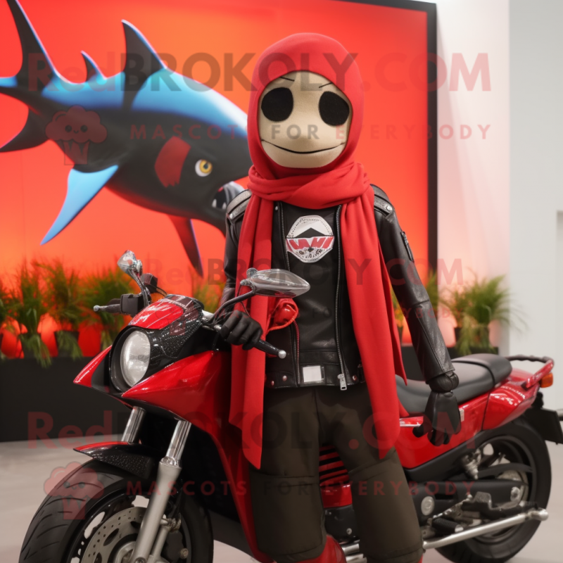 Red Swordfish mascot costume character dressed with a Biker Jacket and Shawls