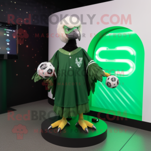 Forest Green Vulture mascot costume character dressed with a Ball Gown and Digital watches