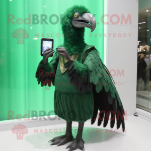Forest Green Vulture mascot costume character dressed with a Ball Gown and Digital watches