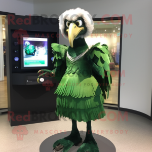 Forest Green Vulture mascot costume character dressed with a Ball Gown and Digital watches