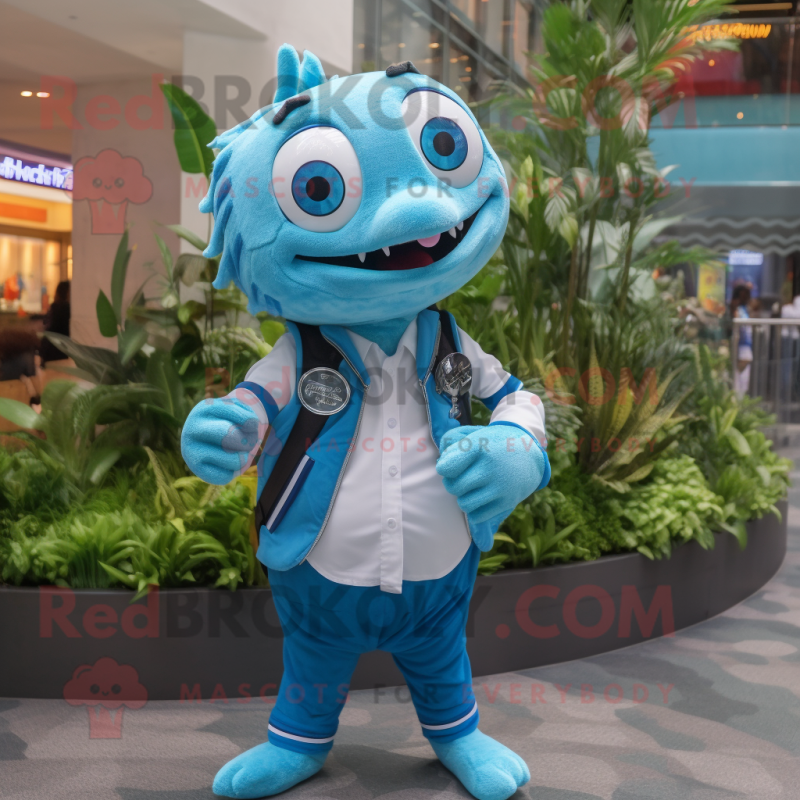 Sky Blue Barracuda mascot costume character dressed with a Button-Up Shirt and Smartwatches