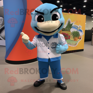 Sky Blue Barracuda mascot costume character dressed with a Button-Up Shirt and Smartwatches