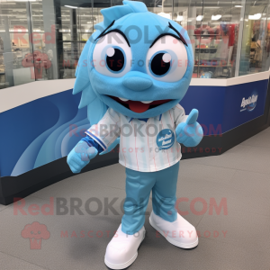 Sky Blue Barracuda mascot costume character dressed with a Button-Up Shirt and Smartwatches