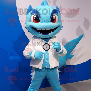 Sky Blue Barracuda mascot costume character dressed with a Button-Up Shirt and Smartwatches