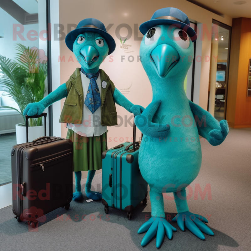 Teal Kiwi mascot costume character dressed with a Shift Dress and Briefcases