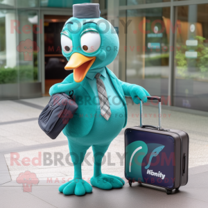 Teal Kiwi mascot costume character dressed with a Shift Dress and Briefcases