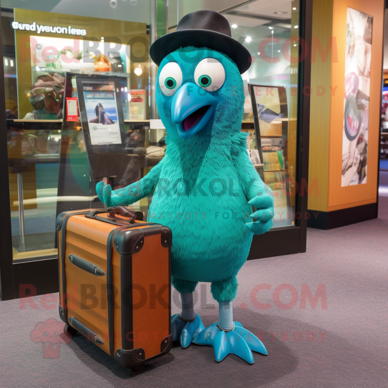 Teal Kiwi mascot costume character dressed with a Shift Dress and Briefcases