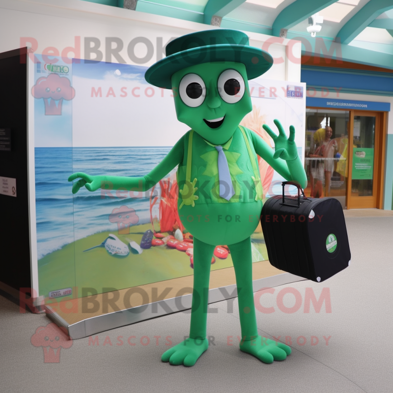 Forest Green Stilt Walker mascot costume character dressed with a One-Piece Swimsuit and Wallets Forest Green Stilt Walker mascot costume character dressed with a One-Piece Swimsuit and Wallets