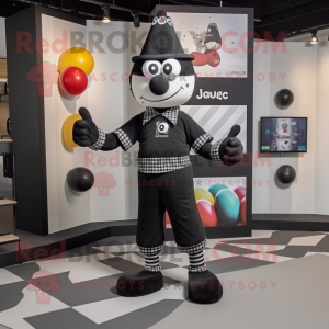 Black Juggle mascot costume character dressed with a Graphic Tee and Suspenders