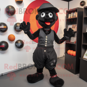 Black Juggle mascot costume character dressed with a Graphic Tee and Suspenders