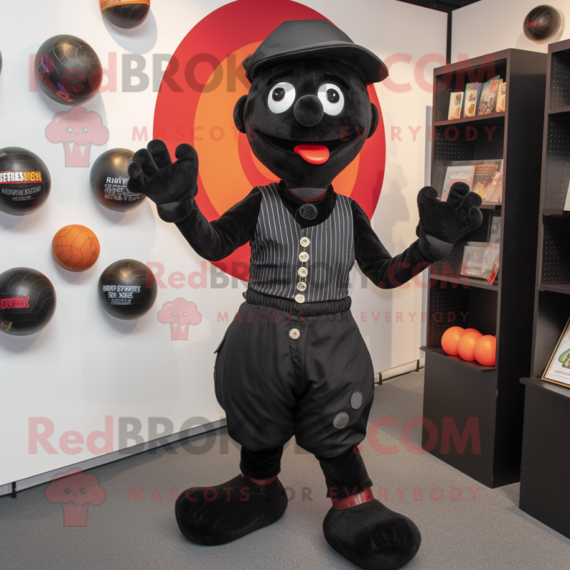 Black Juggle mascot costume character dressed with a Graphic Tee and Suspenders