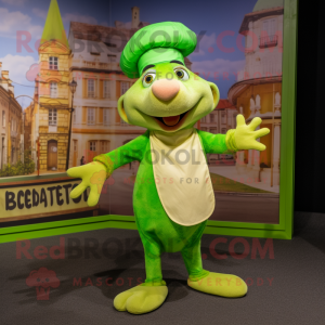 Lime Green Ratatouille mascot costume character dressed with a Henley Tee and Berets