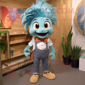 Teal Betta Fish mascot costume character dressed with a Chambray Shirt and Hairpins