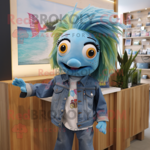 Teal Betta Fish mascot costume character dressed with a Chambray Shirt and Hairpins