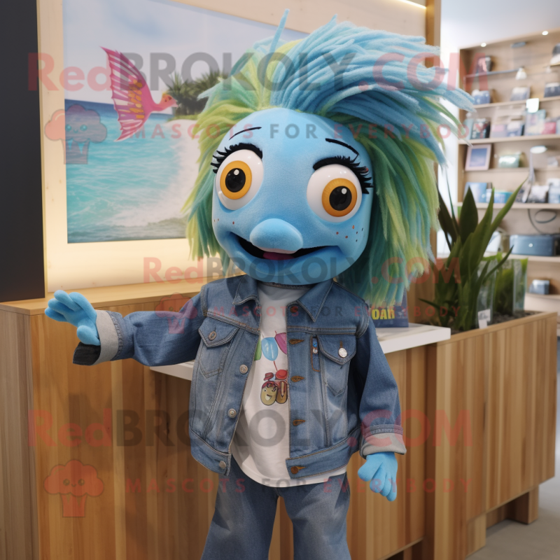 Teal Betta Fish mascot costume character dressed with a Chambray Shirt and Hairpins Teal Betta Fish mascot costume character dressed with a Chambray Shirt and Hairpins