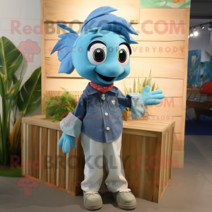 Teal Betta Fish mascot costume character dressed with a Chambray Shirt and Hairpins