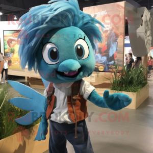 Teal Betta Fish mascot costume character dressed with a Chambray Shirt and Hairpins