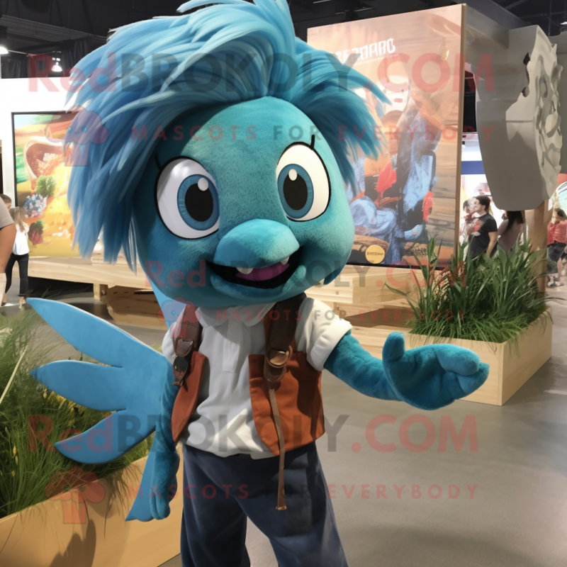Teal Betta Fish mascot costume character dressed with a Chambray Shirt and Hairpins Teal Betta Fish mascot costume character dressed with a Chambray Shirt and Hairpins