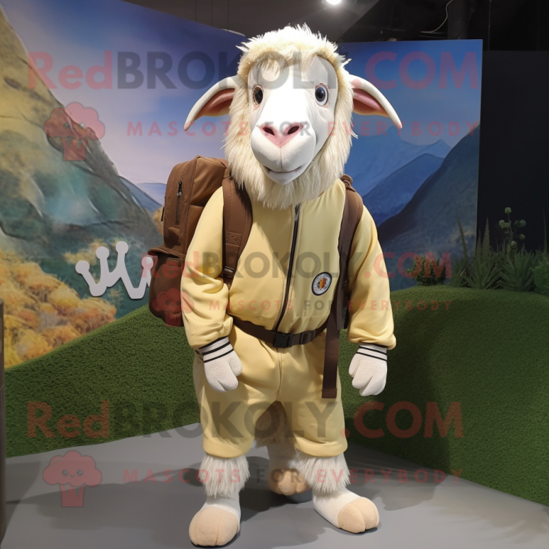 Beige Boer Goat mascot costume character dressed with a Sweatshirt and Backpacks