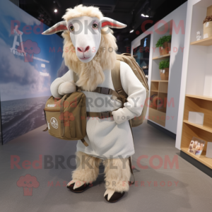 Beige Boer Goat mascot costume character dressed with a Sweatshirt and Backpacks