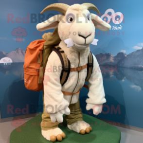 Beige Boer Goat mascot costume character dressed with a Sweatshirt and Backpacks