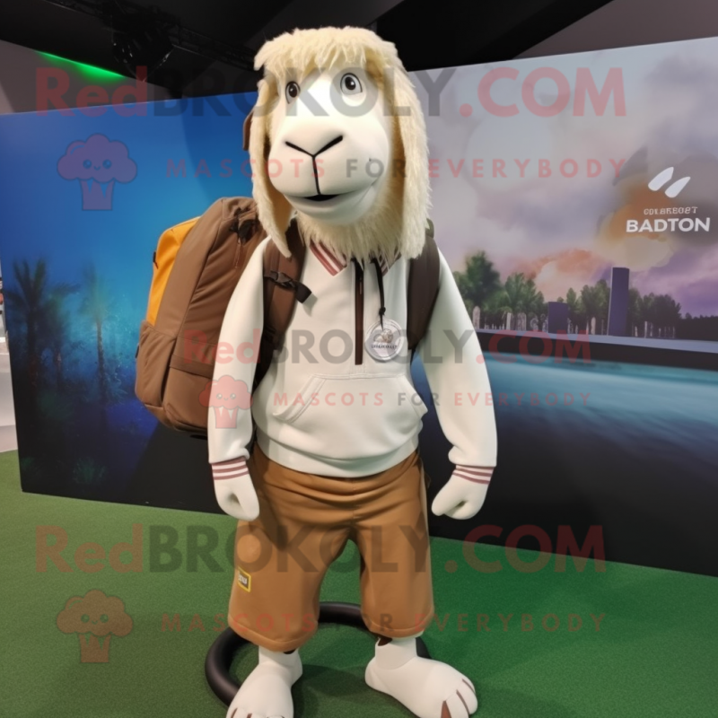 Beige Boer Goat mascot costume character dressed with a Sweatshirt and Backpacks