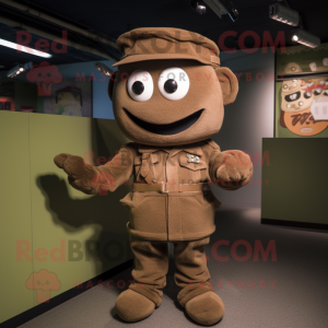 Brown Soldier mascot costume character dressed with a Cardigan and Caps