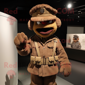 Brown Soldier mascot costume character dressed with a Cardigan and Caps