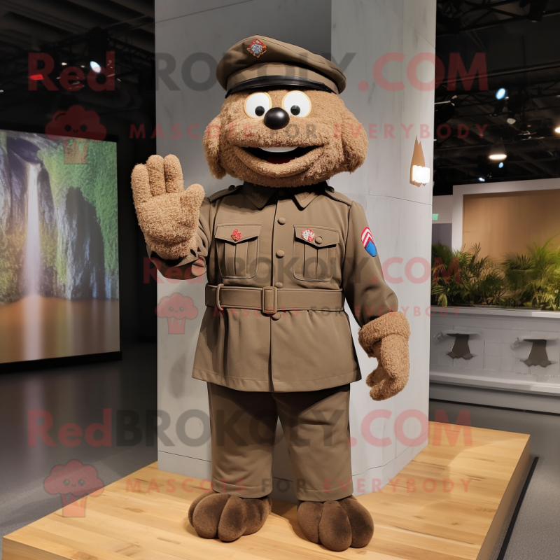 Brown Soldier mascot costume character dressed with a Cardigan and Caps