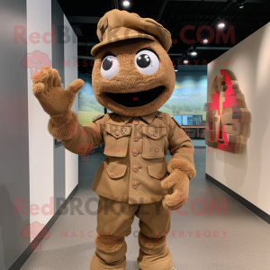 Brown Soldier mascot costume character dressed with a Cardigan and Caps