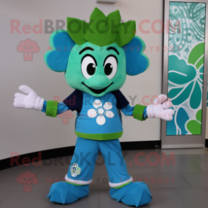 Cyan Bunch Of Shamrocks mascot costume character dressed with a Graphic Tee and Rings
