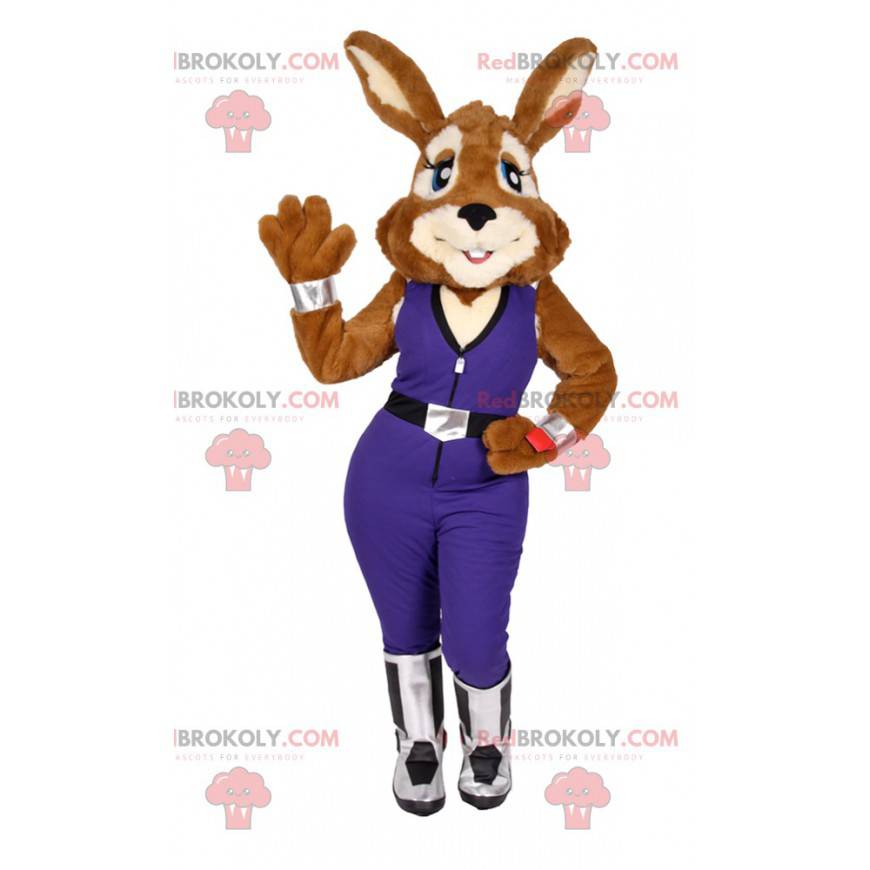 Seksowna maskotka króliczek w fioletowym kombinezonie -