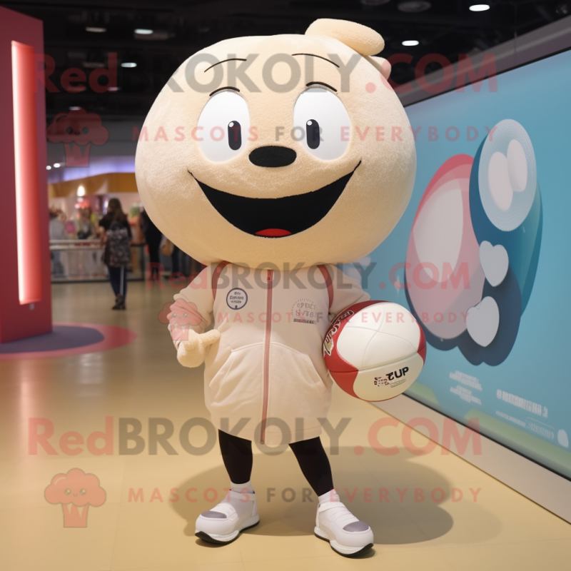 Cream Volleyball Ball mascot costume character dressed with a Sweatshirt and Handbags Cream Volleyball Ball mascot costume character dressed with a Sweatshirt and Handbags