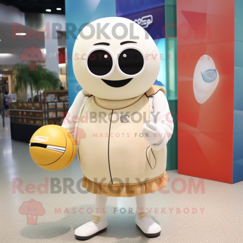 Cream Volleyball Ball mascot costume character dressed with a Sweatshirt and Handbags Cream Volleyball Ball mascot costume character dressed with a Sweatshirt and Handbags