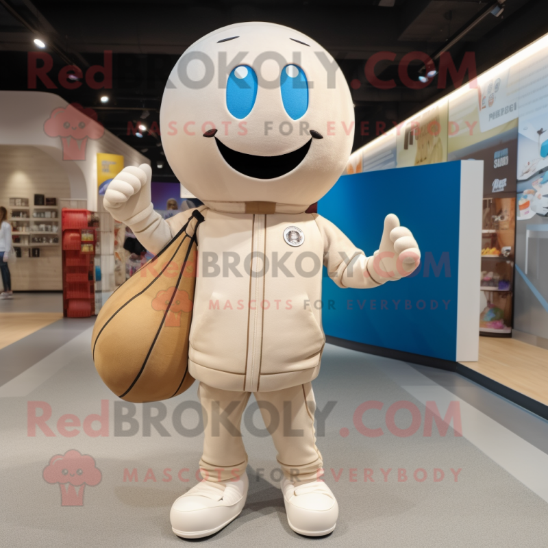 Cream Volleyball Ball mascot costume character dressed with a Sweatshirt and Handbags Cream Volleyball Ball mascot costume character dressed with a Sweatshirt and Handbags