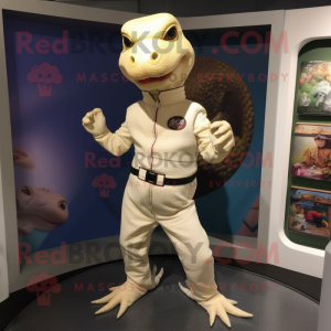 Cream Lizard mascot costume character dressed with a Jeggings and Brooches