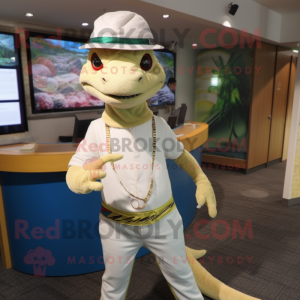 Cream Lizard mascot costume character dressed with a Jeggings and Brooches