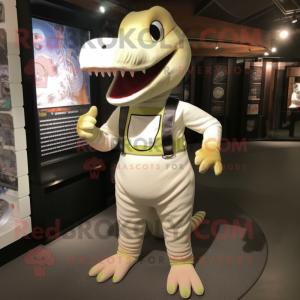 Cream Lizard mascot costume character dressed with a Jeggings and Brooches