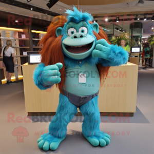 Cyan Orangutan mascot costume character dressed with a Bootcut Jeans and Earrings