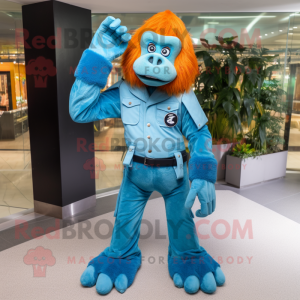 Cyan Orangutan mascot costume character dressed with a Bootcut Jeans and Earrings