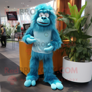 Cyan Orangutan mascot costume character dressed with a Bootcut Jeans and Earrings